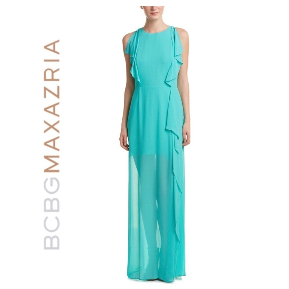 Nwt Bcbgmaxazria Maribel Maxi Sheer Ruffled Dress Seafoam Green Aqua Blue